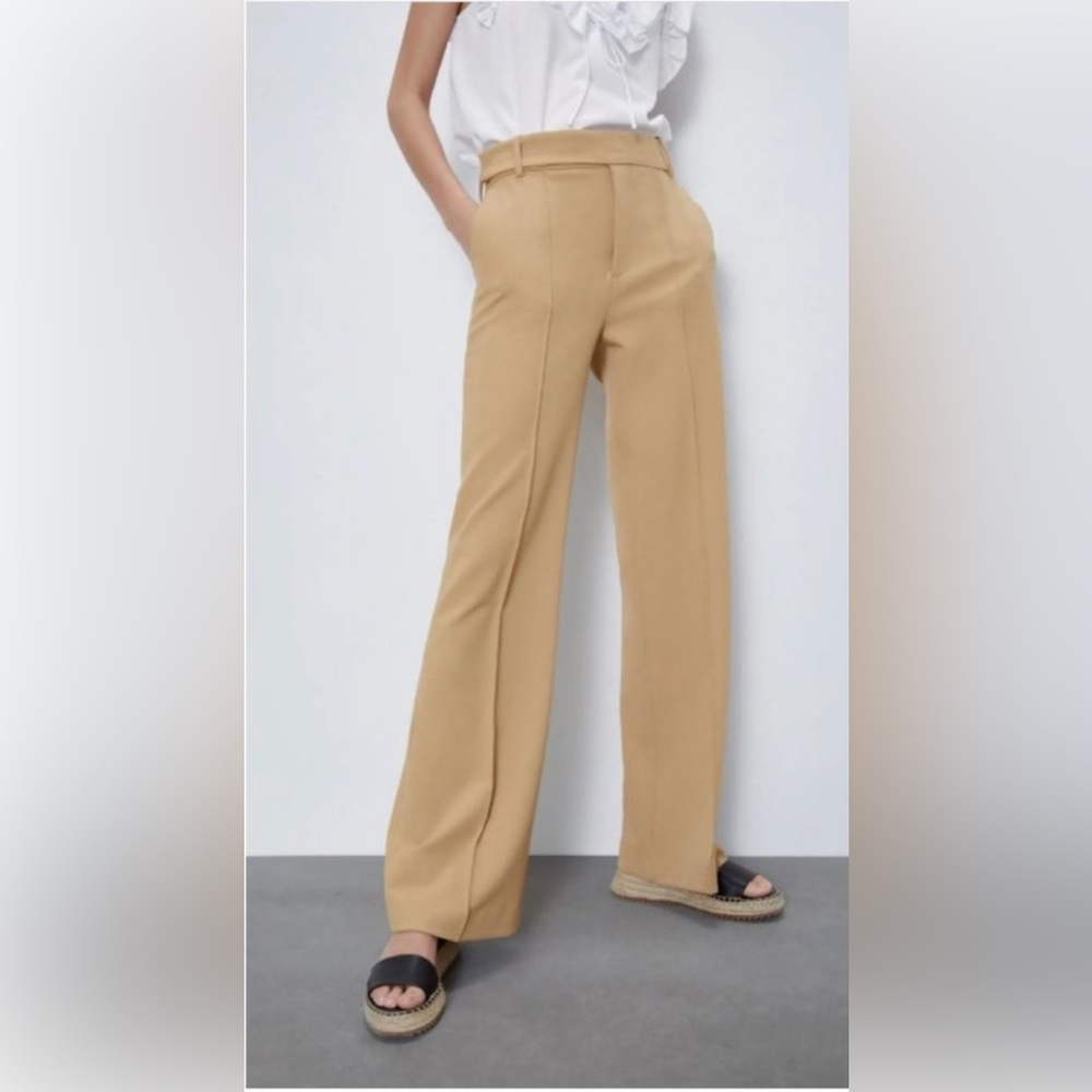 ZARA FLARED MID-RISE CAMEL WIDE LEG PANTS